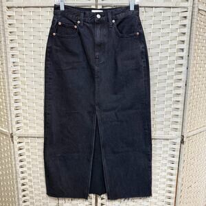 PISTOLA ALICE DENIM MIDI SKIRT SIZE 27 BLACK UNDERGROUND WASH RAW HEM SLIT NEW